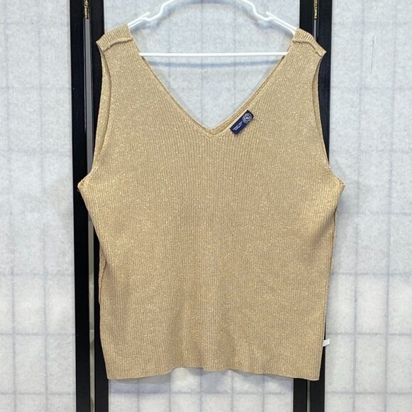 Venezia Jeans Co Gold Metallic Rib Knit Tank Sleeveless V-Neck Shimmer Top Lurex - Picture 6 of 12
